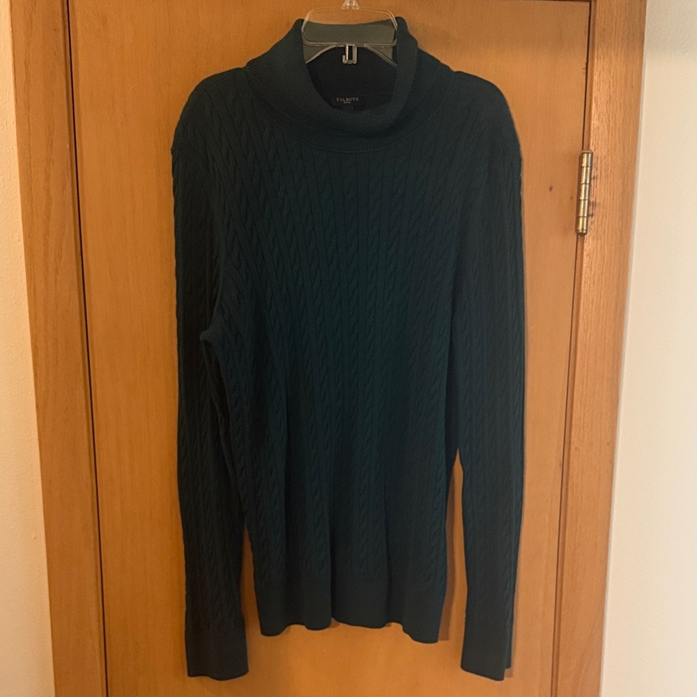 Talbots Women’s Cable Knit Turtleneck Sweater Cotton Forest Green LP Large